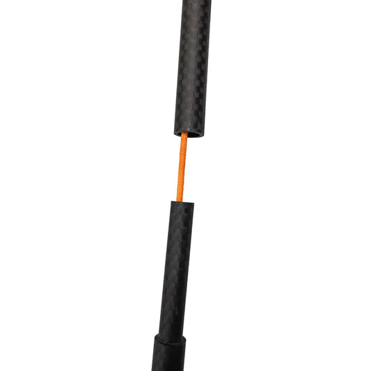 Black carbon fiber rod with orange center on a white background