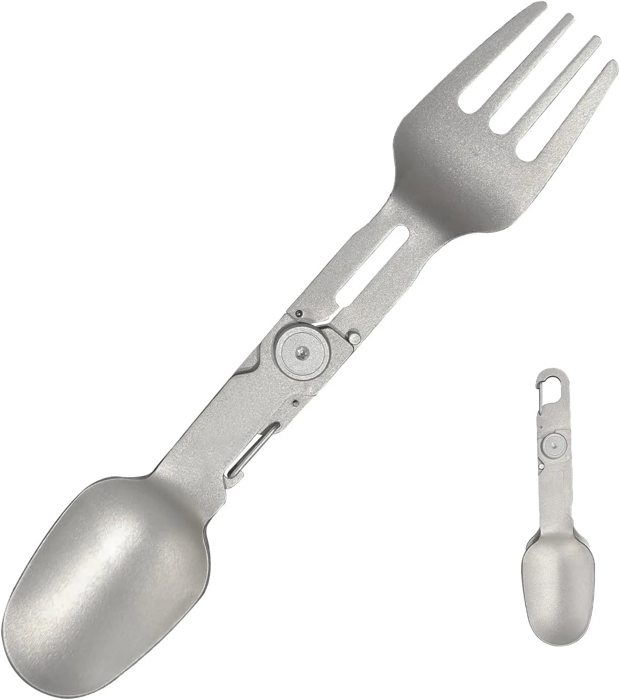 Collapsible silver fork and spoon set on a white background