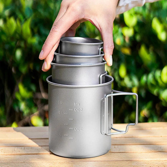 Pure Titanium Travel Mug with Folding Handle & Lid | 200/300/450/750ml | Ultralight Outdoor Mug