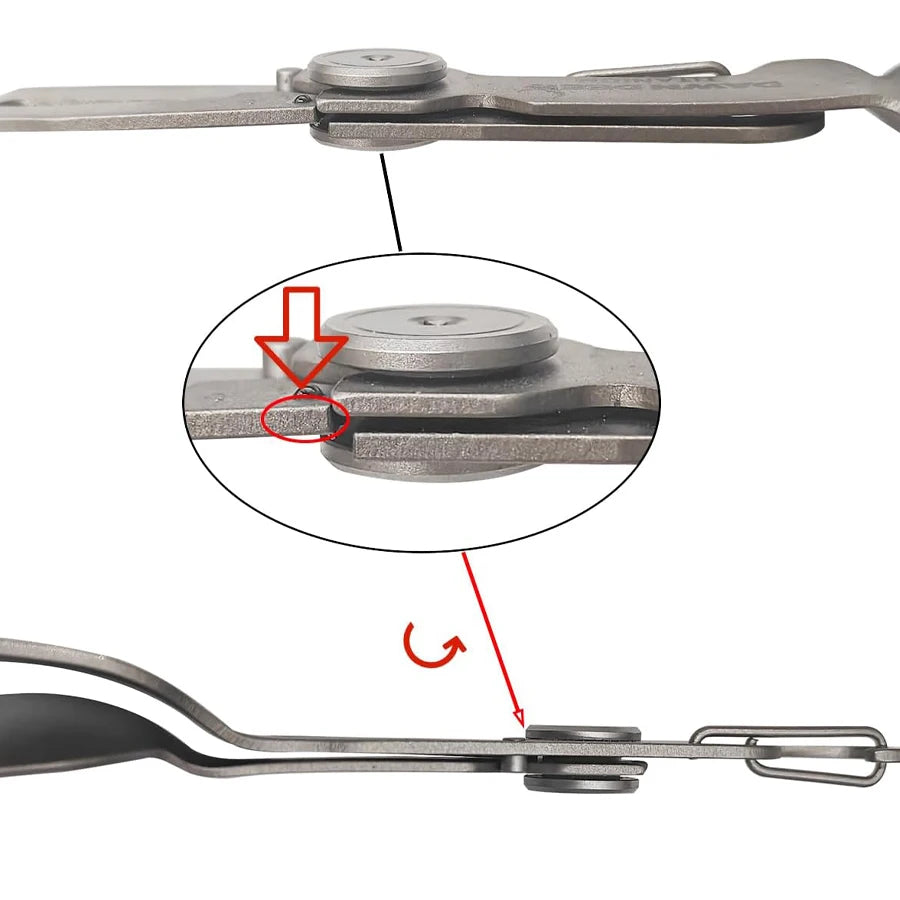 Close-up of a metal tool with a detailed view of a circular component and a red arrow pointing to it.