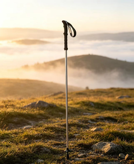 A single hiking pole with a black wrist strap stands upright in a grassy mountain clearing at sunrise or sunset, with misty hills in the background.