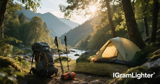 Ultralight camping gear collection featuring titanium cookware and carbon fiber hiking equipment for outdoor adventures