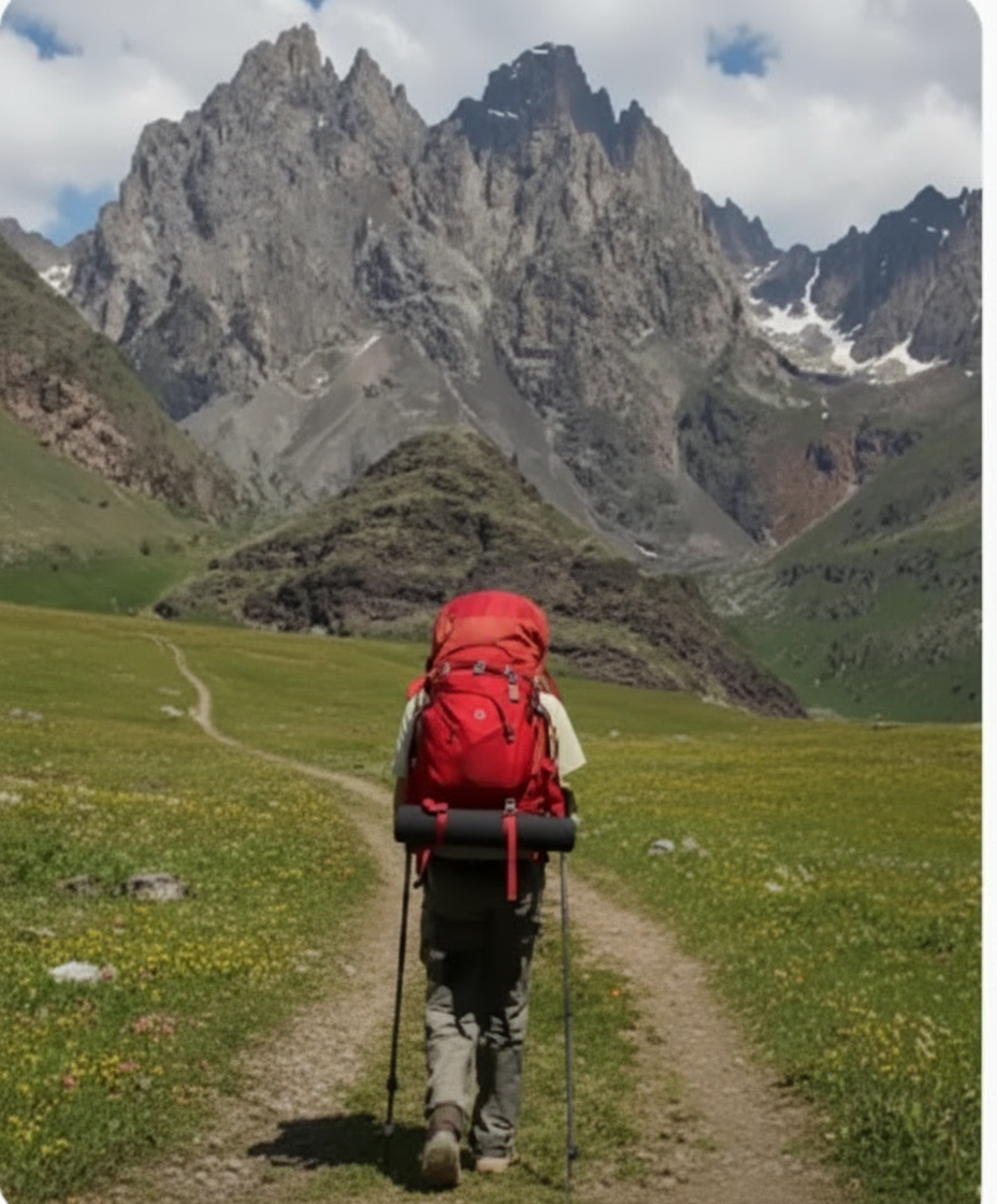 Ultralight backpacking gear - hiker with lightweight red backpack and carbon fiber trekking poles on mountain trail