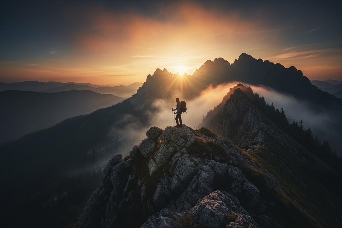 Mountain ridge at dawn with hiker silhouette holding trekking poles