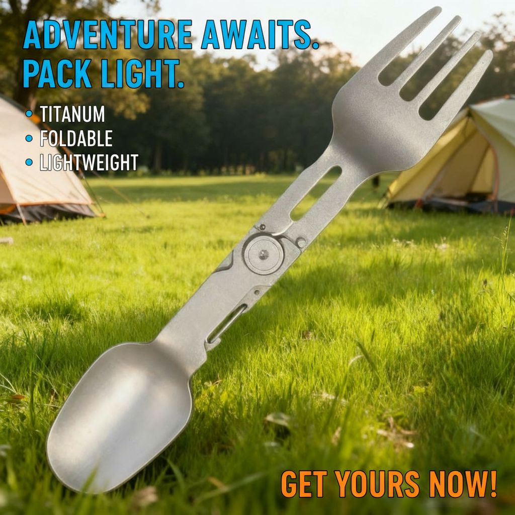 Titanium foldable spoon with camping theme and text 'Adventure Awaits. Pack Light.'