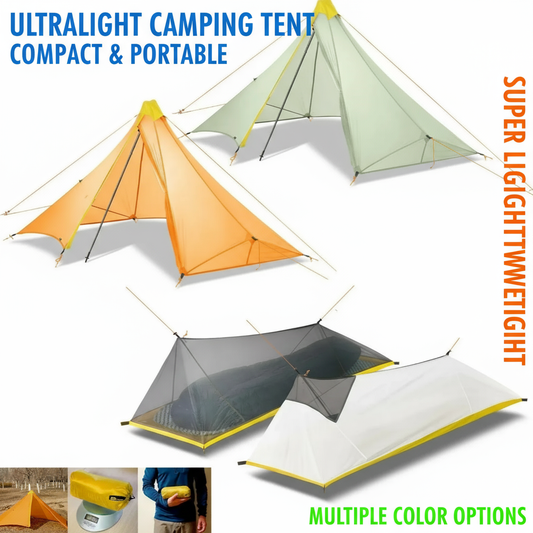 Three ultralight camping tents in different colors with text highlighting features on a white background.