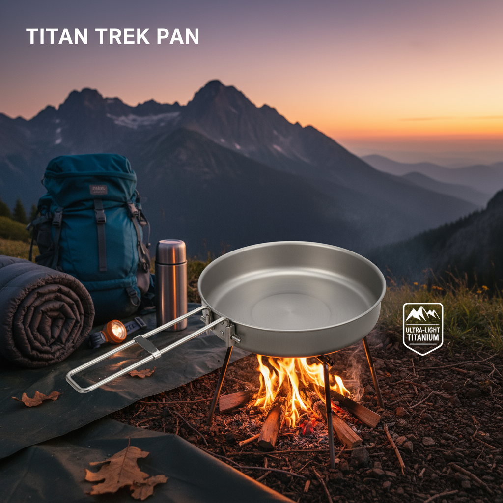 Titanium Trek Pan on a camping setup with mountains