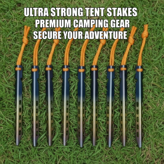 Set of ultra-strong tent stakes on grass with promotional text.