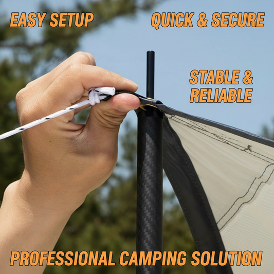 Hand setting up a camping tent with text highlighting features