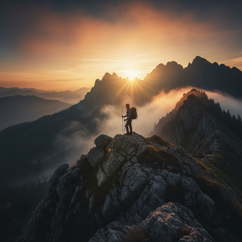 Person standing on a mountain peak with a backpack, silhouetted against a sunrise or sunset over a mountain range.