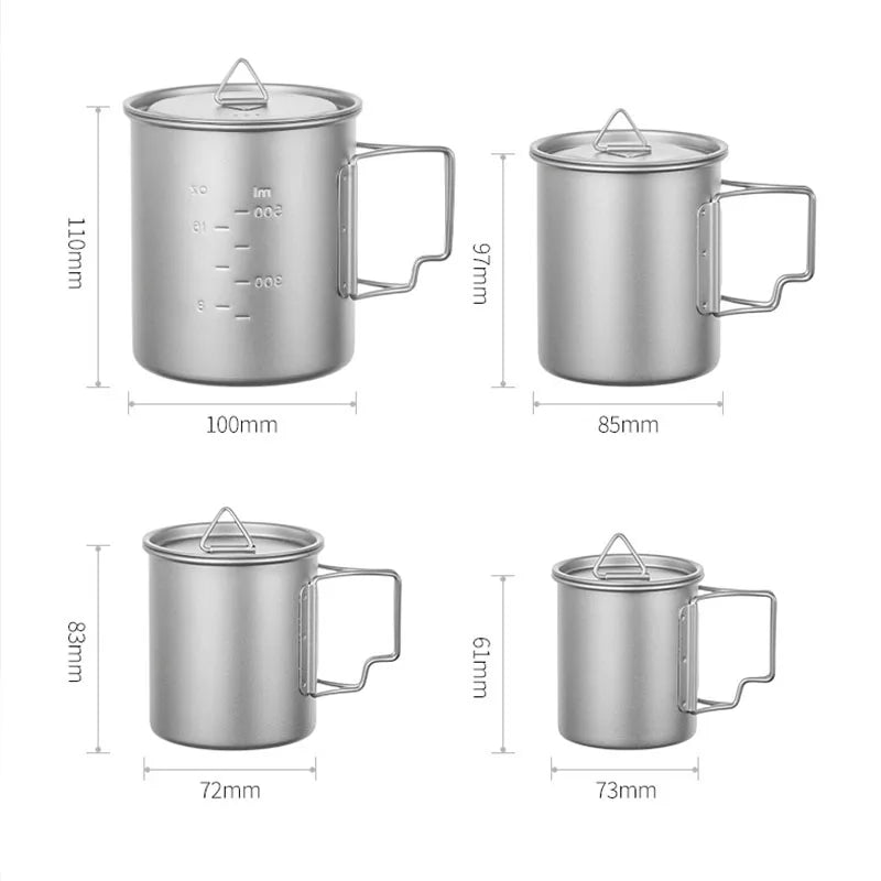 Pure Titanium Travel Mug with Folding Handle & Lid | 200/300/450/750ml | Ultralight Outdoor Mug