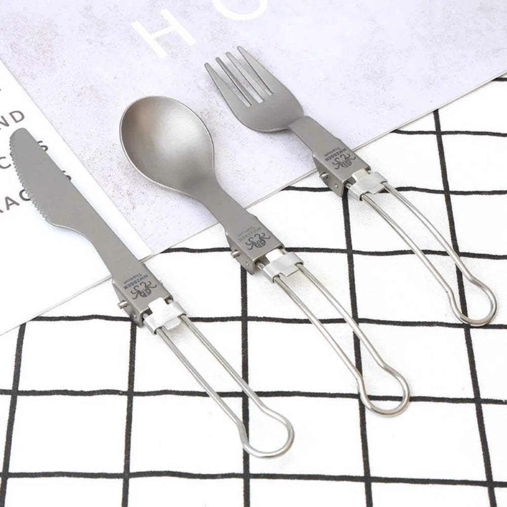 Pure Titanium Folding Cutlery Set | Ultralight Spoon Fork Knife Spork for Camping Hiking