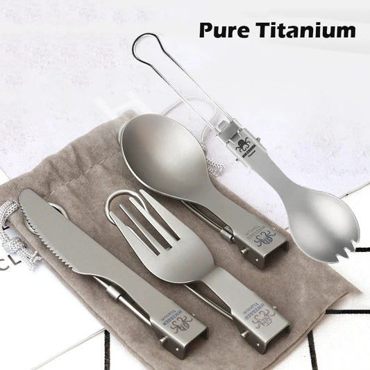Pure Titanium Folding Fork Portable Fork Spoon Knife Foldable Travel Kit Outdoor Tableware Set Hiking Picnic Camping Supplies