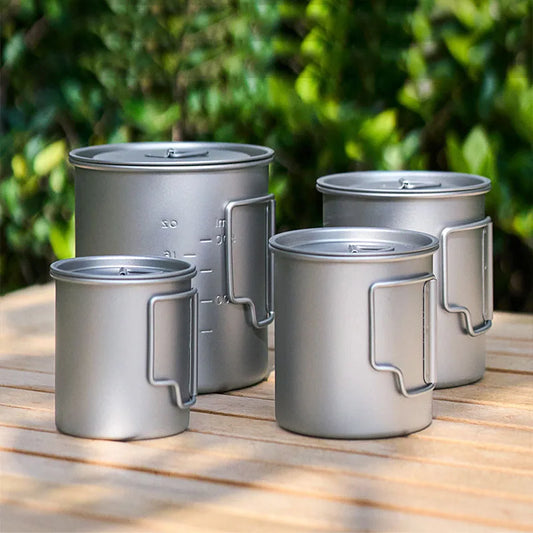 Pure Titanium Travel Mug with Folding Handle & Lid | 200/300/450/750ml | Ultralight Outdoor Mug