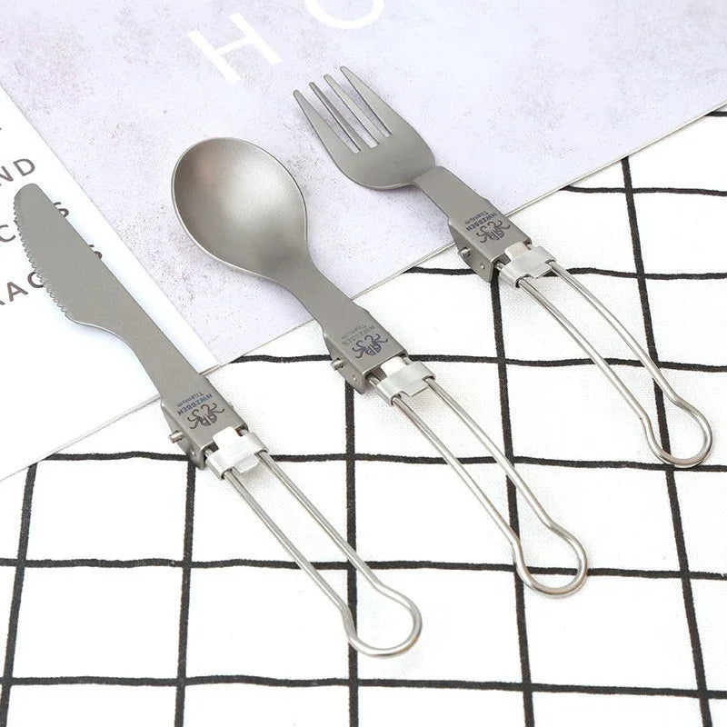 Pure Titanium Folding Cutlery Set | Ultralight Spoon Fork Knife Spork for Camping Hiking