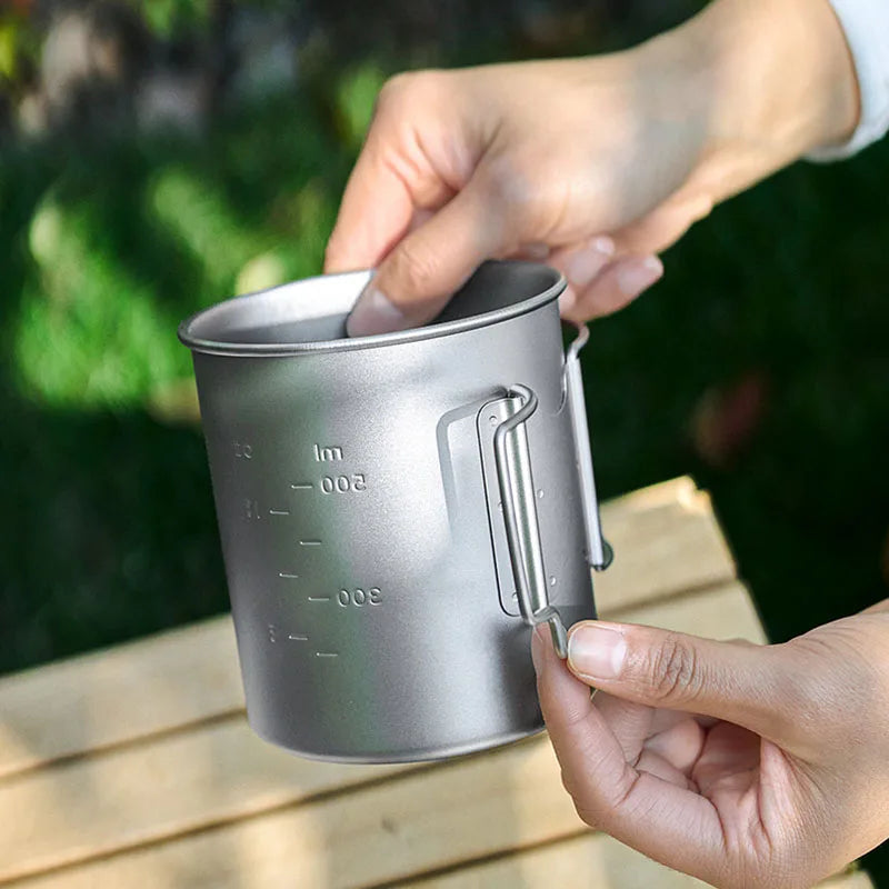 Pure Titanium Travel Mug with Folding Handle & Lid | 200/300/450/750ml | Ultralight Outdoor Mug