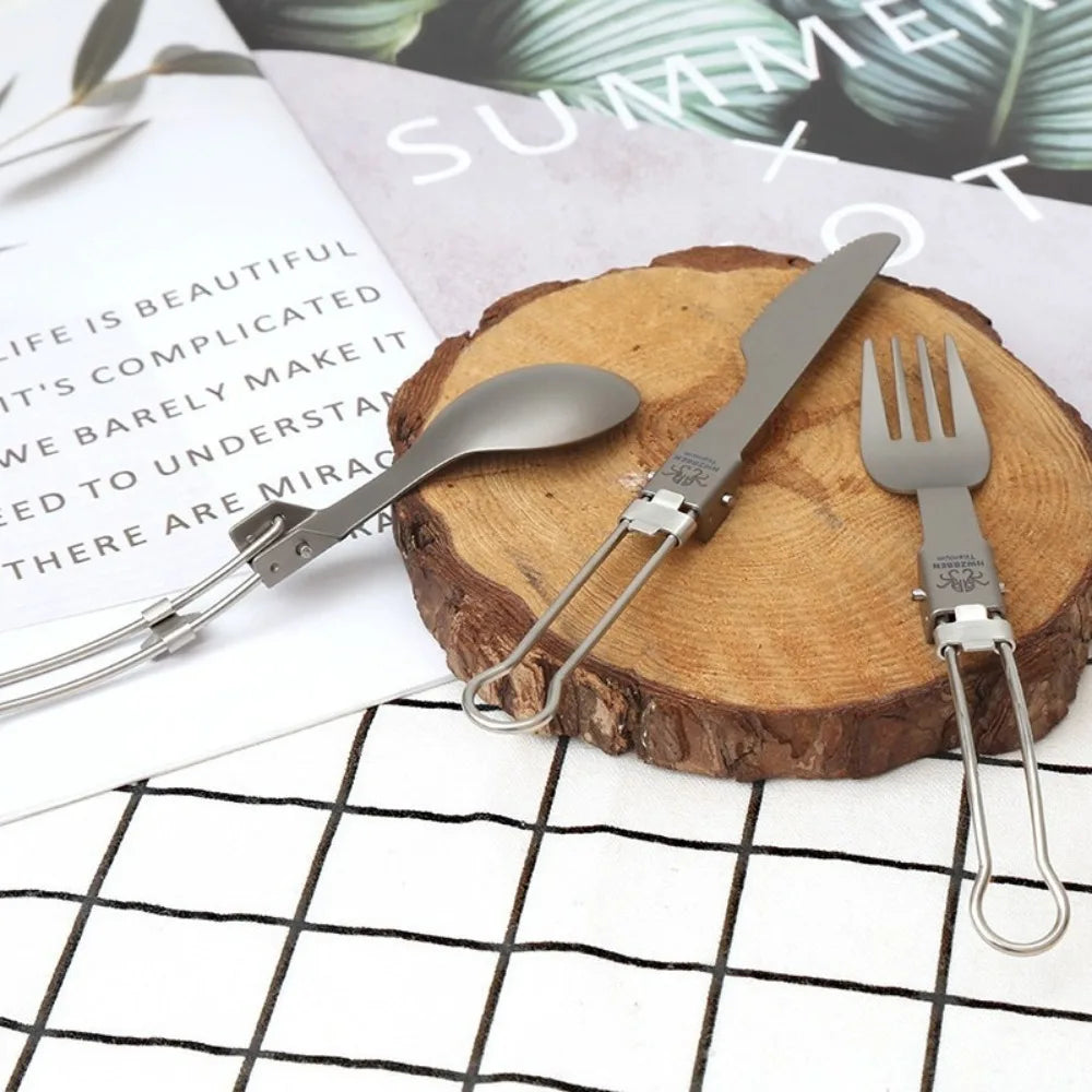 Pure Titanium Folding Cutlery Set | Ultralight Spoon Fork Knife Spork for Camping Hiking