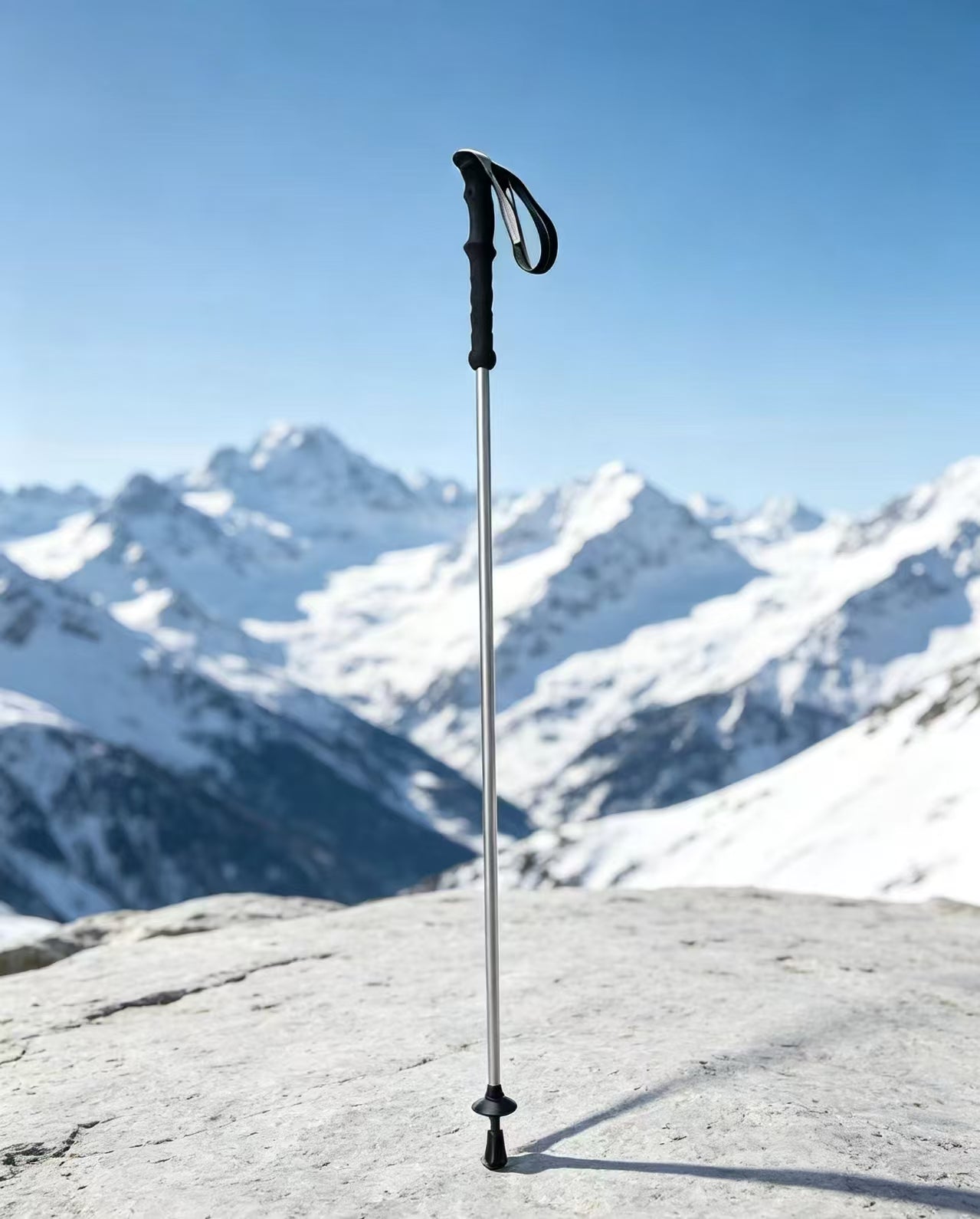 A single hiking ski pole stands upright on a rocky ledge with a blurred mountain range and blue sky in the background.