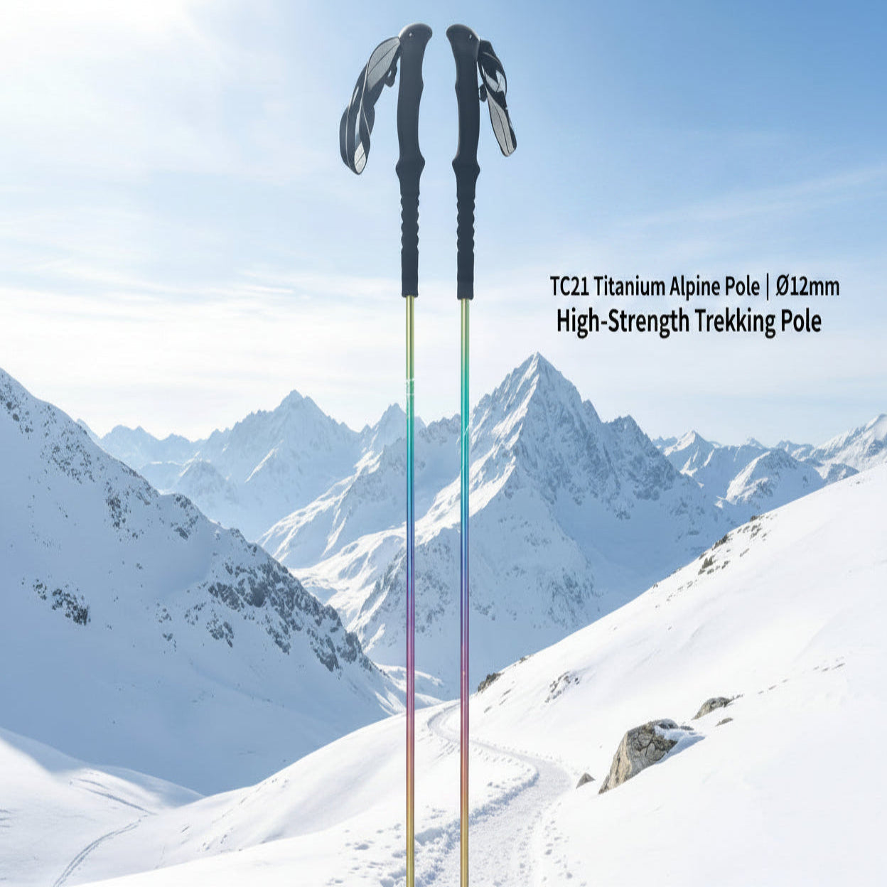 Two snow hiking poles with black handles and multicolor shafts standing upright in a snowy mountain landscape under a blue sky.