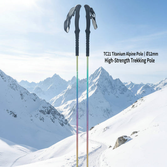 Two snow hiking poles with black handles and multicolor shafts standing upright in a snowy mountain landscape under a blue sky.