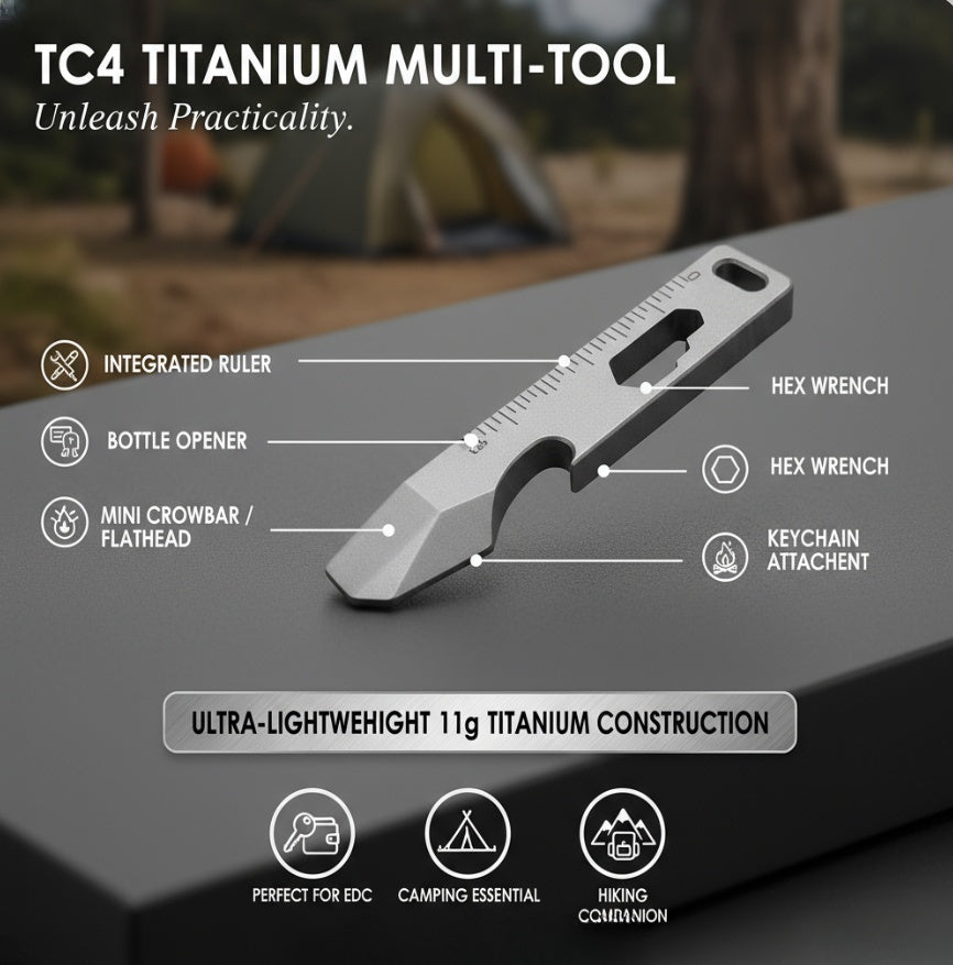 TC4 Titanium Multi-Tool Keychain 11g - EDC Crowbar Bottle Opener Hex Wrench for Camping Hiking